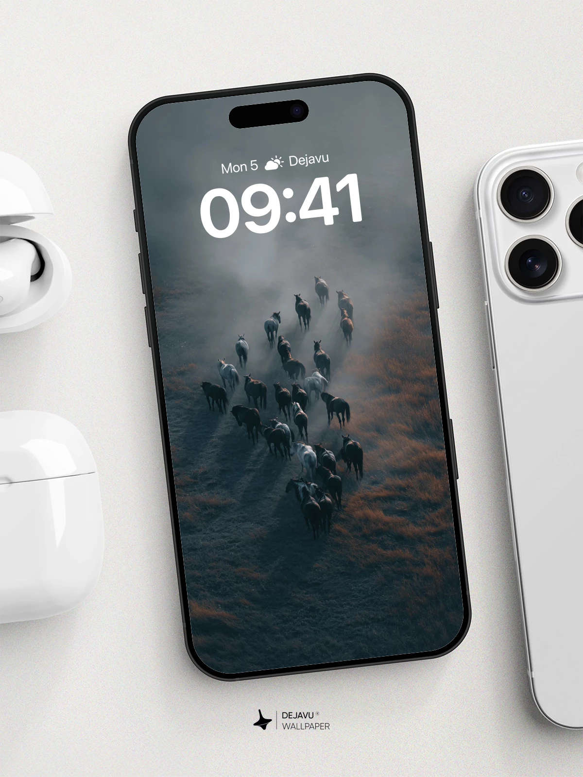 Wild Horses Herd in Misty Dawn Wallpaper 8K for iPhone and Android