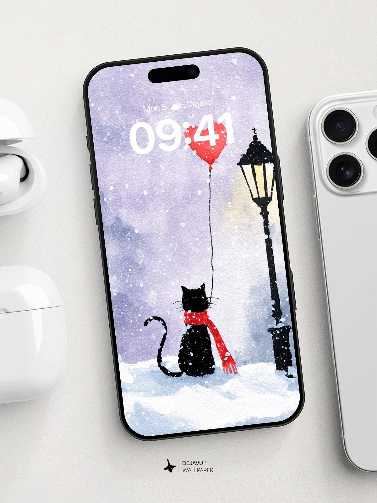 Whimsical Winter Cat with Heart Balloon Wallpaper 8K for iPhone and Android