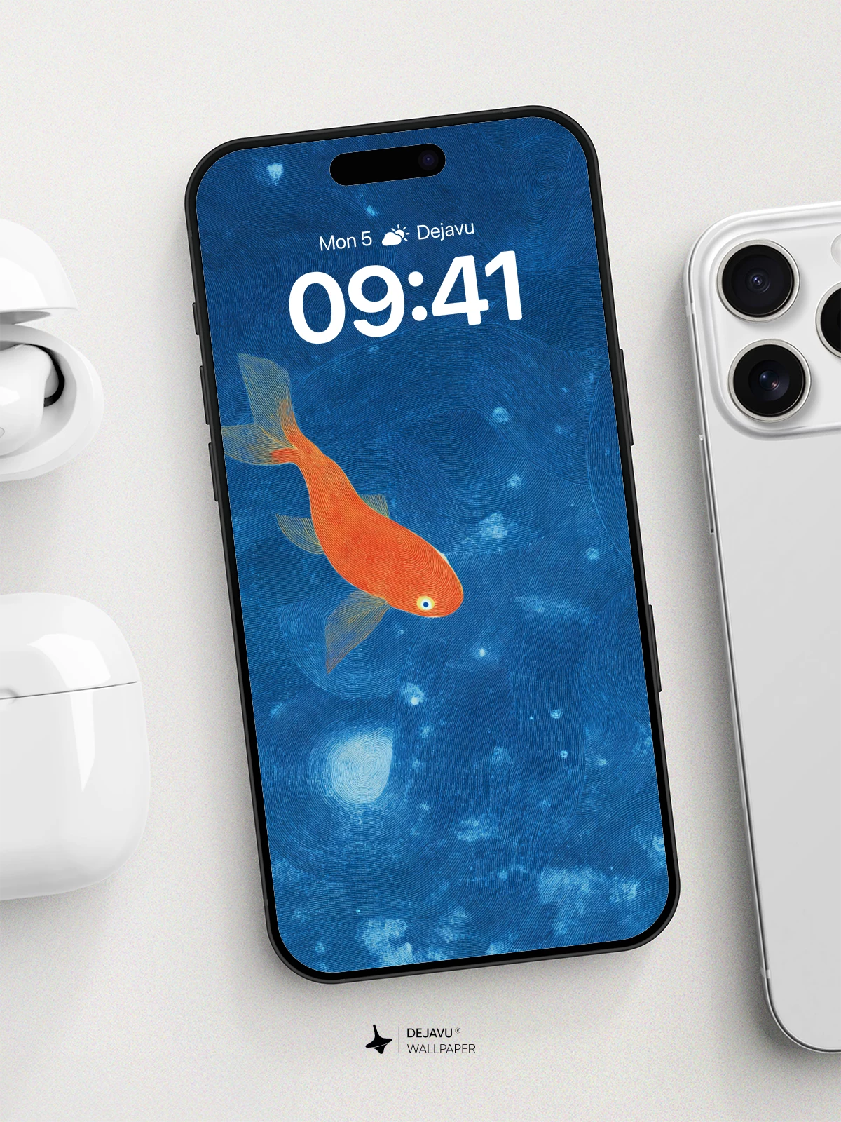 Golden Koi in Deep Blue Waves Wallpaper 8K for iPhone and Android