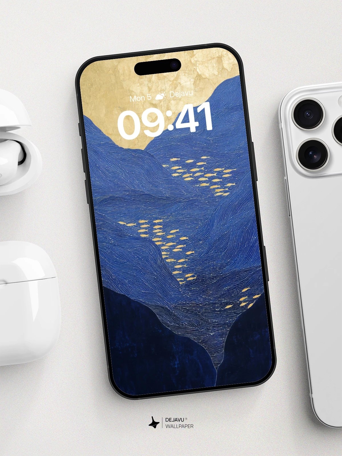 Golden Fish in Blue Waves Wallpaper 8K