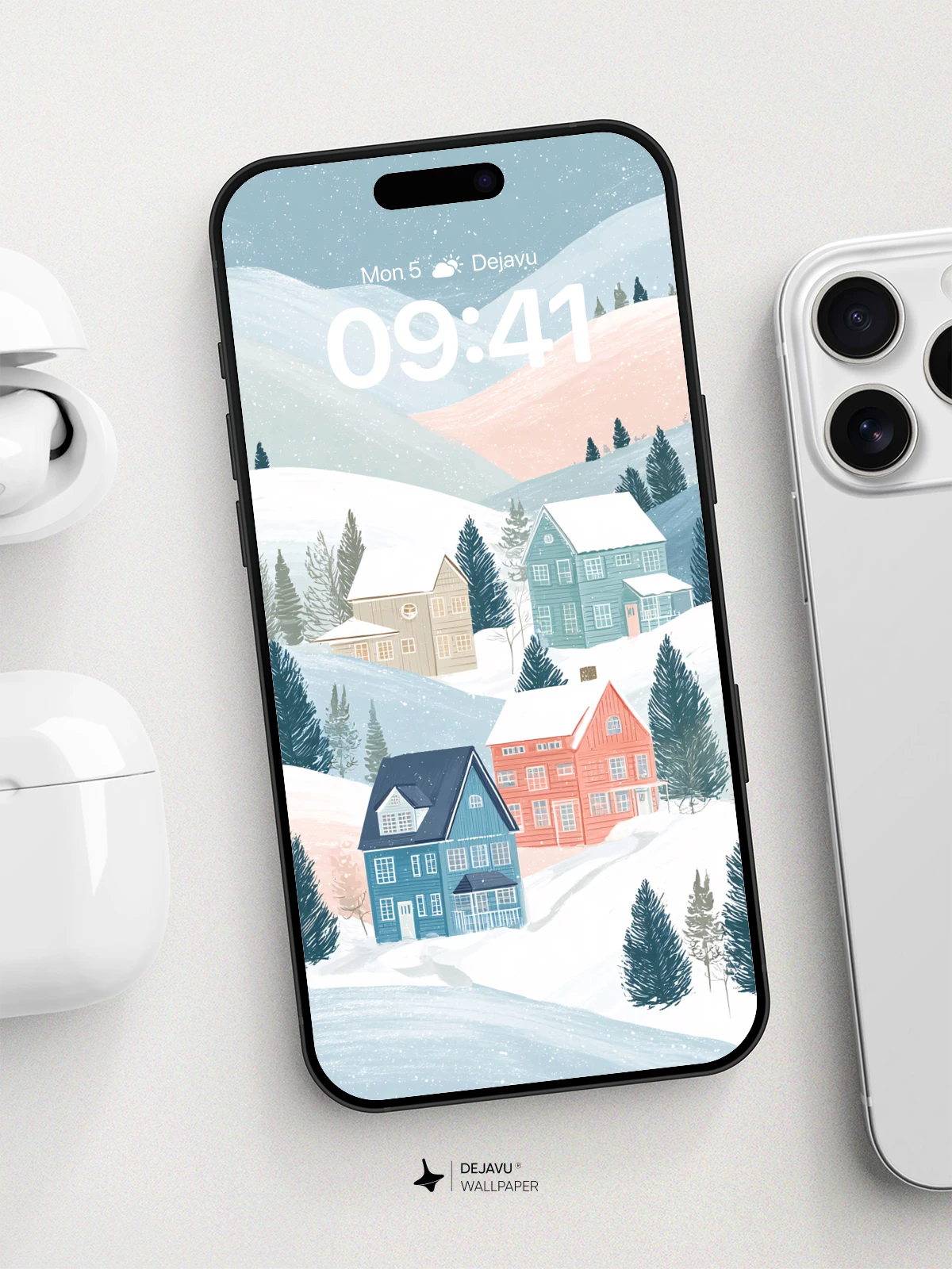 Winter Village Wallpaper 8K - Cozy Snowy Homes for iPhone and Android