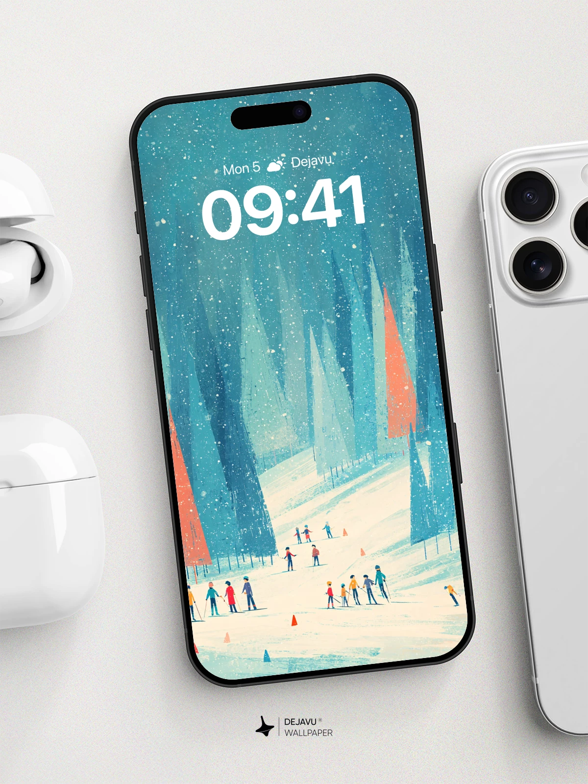 Winter Forest Ski Scene Wallpaper 8K for iPhone and Android