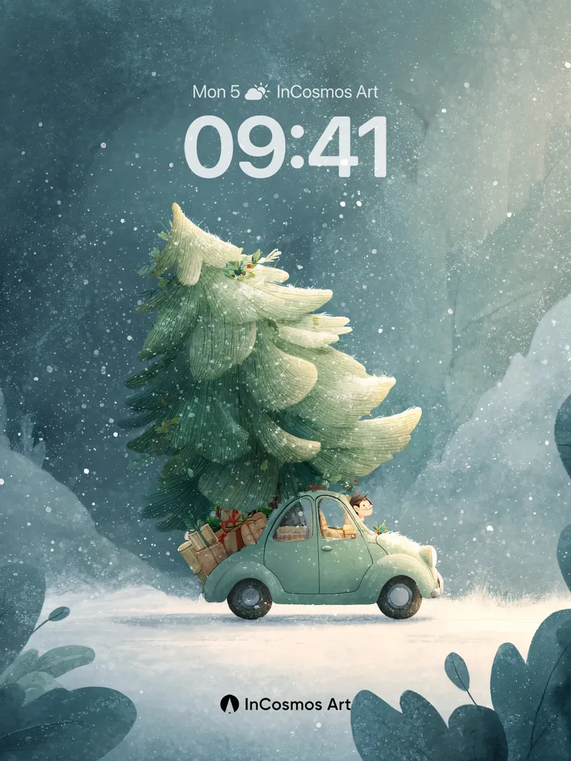 Frost-Kissed Journey Wallpaper with Christmas Tree Car