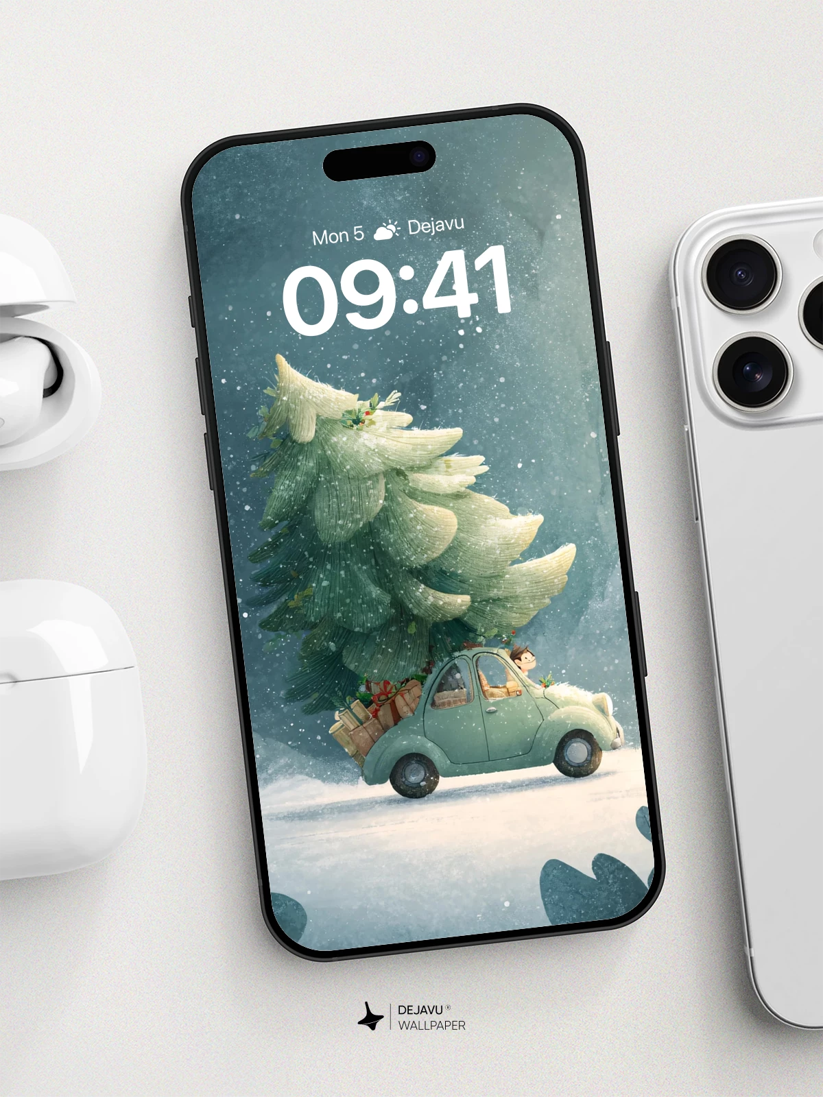 Christmas Car With Tree Wallpaper 8K For iPhone And Android