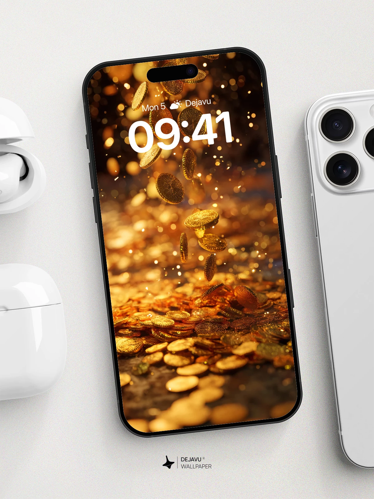 Golden Coin Rain Wallpaper 8K for iPhone and Android