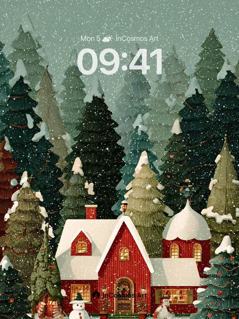 Snowfall Whimsy Wallpaper with Christmas Cottage
