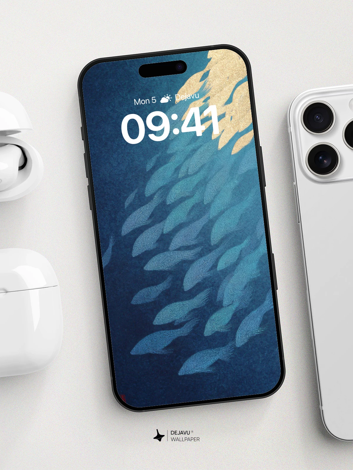 Ukiyo-e Fish Swarm Wallpaper 8K for iPhone and Android