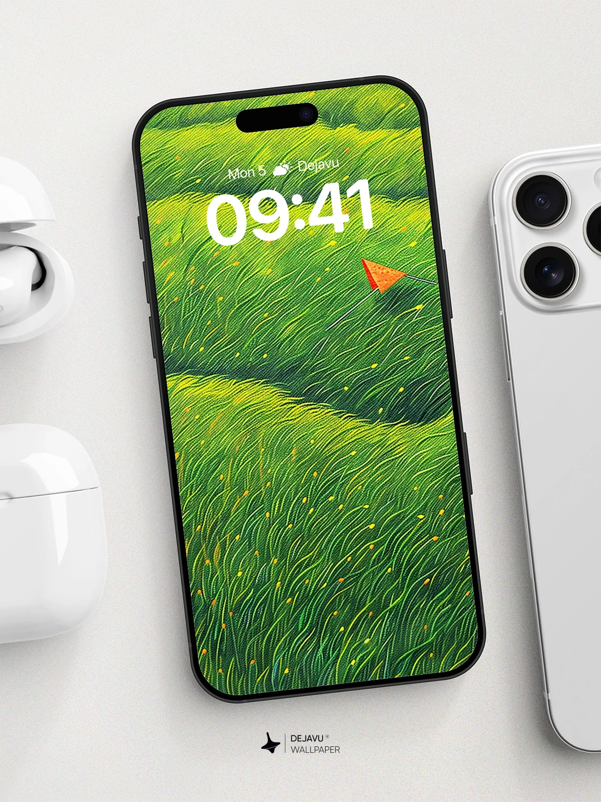 Surreal Green Fields With Kite Wallpaper 8K for iPhone and Android