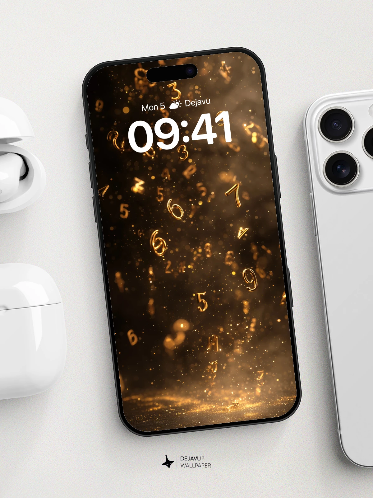 Golden Numbers Floating in Light Wallpaper 8K for iPhone and Android