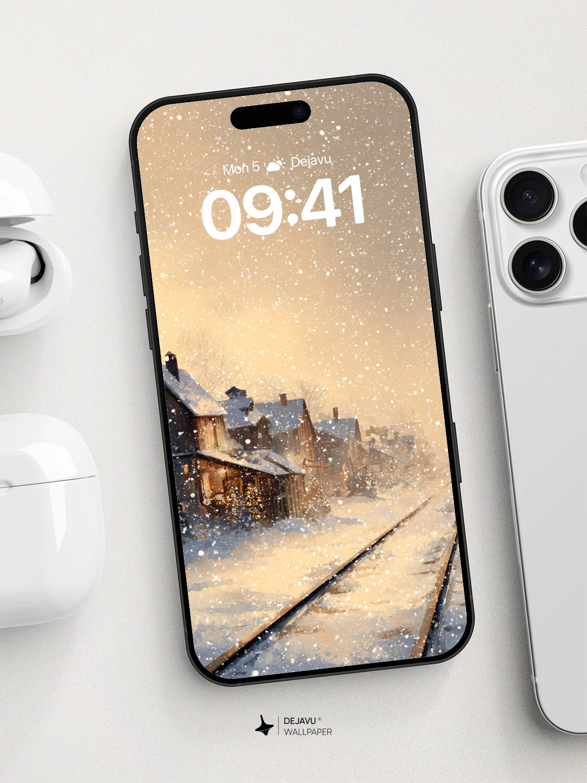 Snowy Village Railway Wallpaper 8K for iPhone and Android