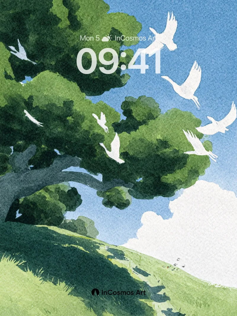 Serenity Tree Wallpaper with Fluttering Doves