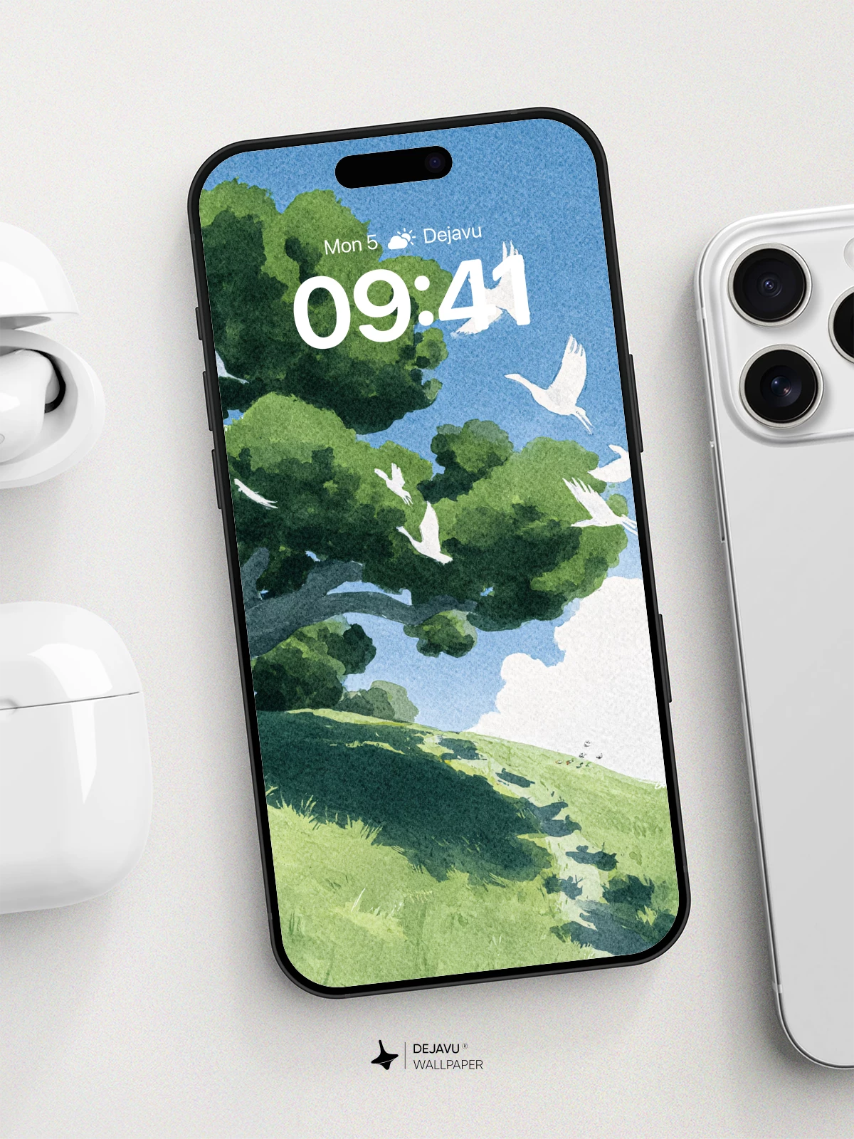 Anime-Style Tree and Birds Wallpaper 8K for iPhone and Android