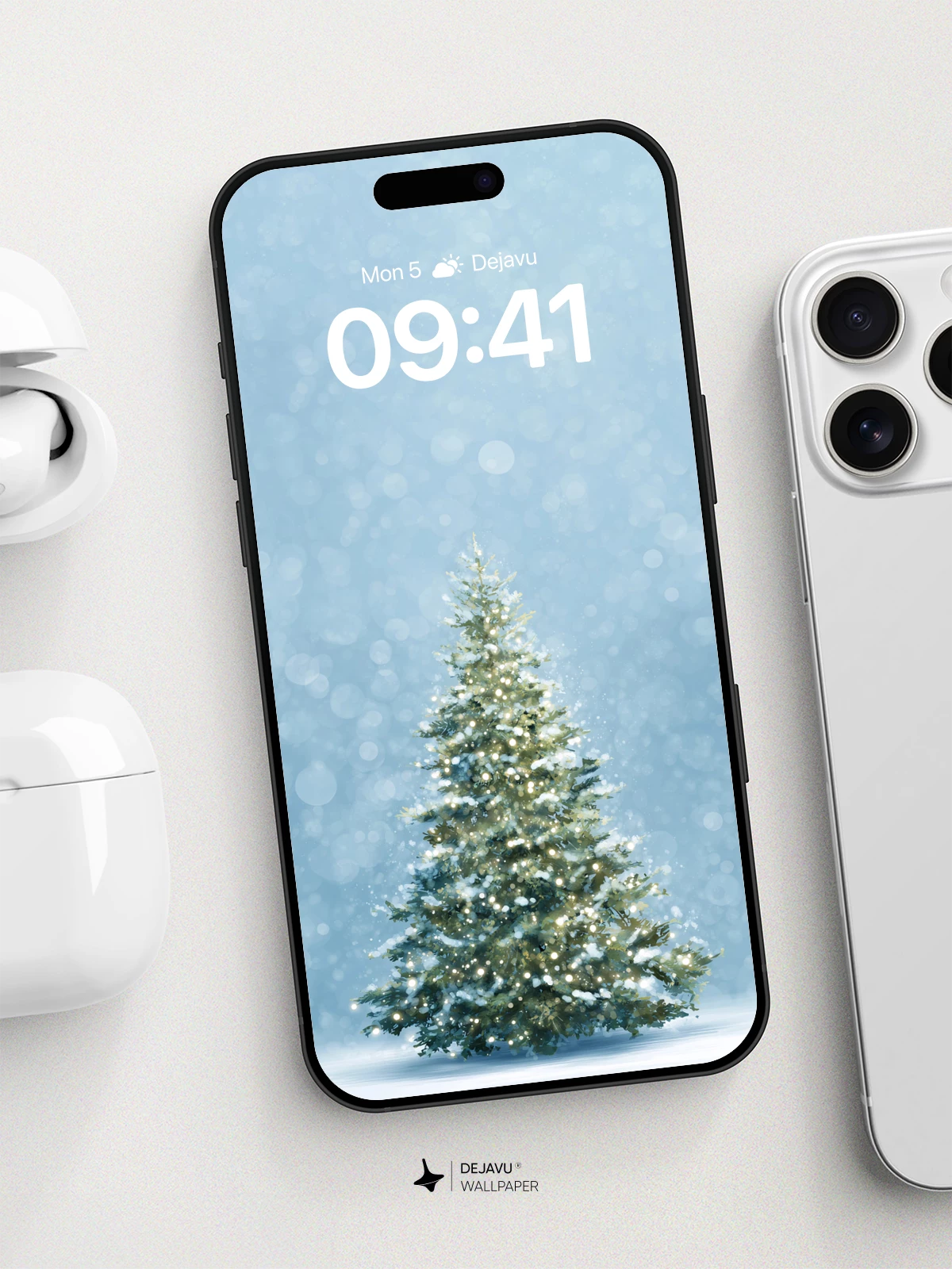 Snow-Covered Christmas Tree Wallpaper 8K for iPhone and Android