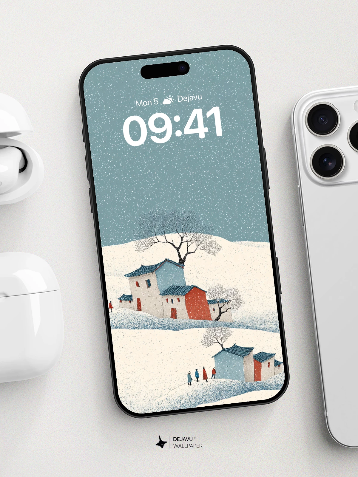 Winter Village Snowscape Wallpaper 8K for iPhone and Android