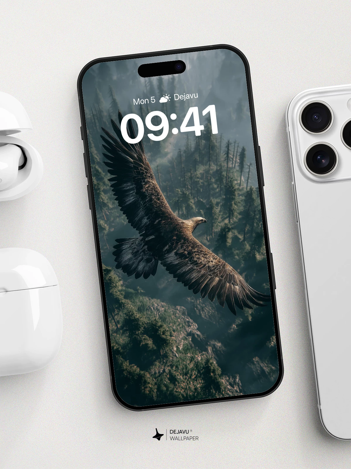 Majestic Eagle Soaring Over Forest Wallpaper 8K