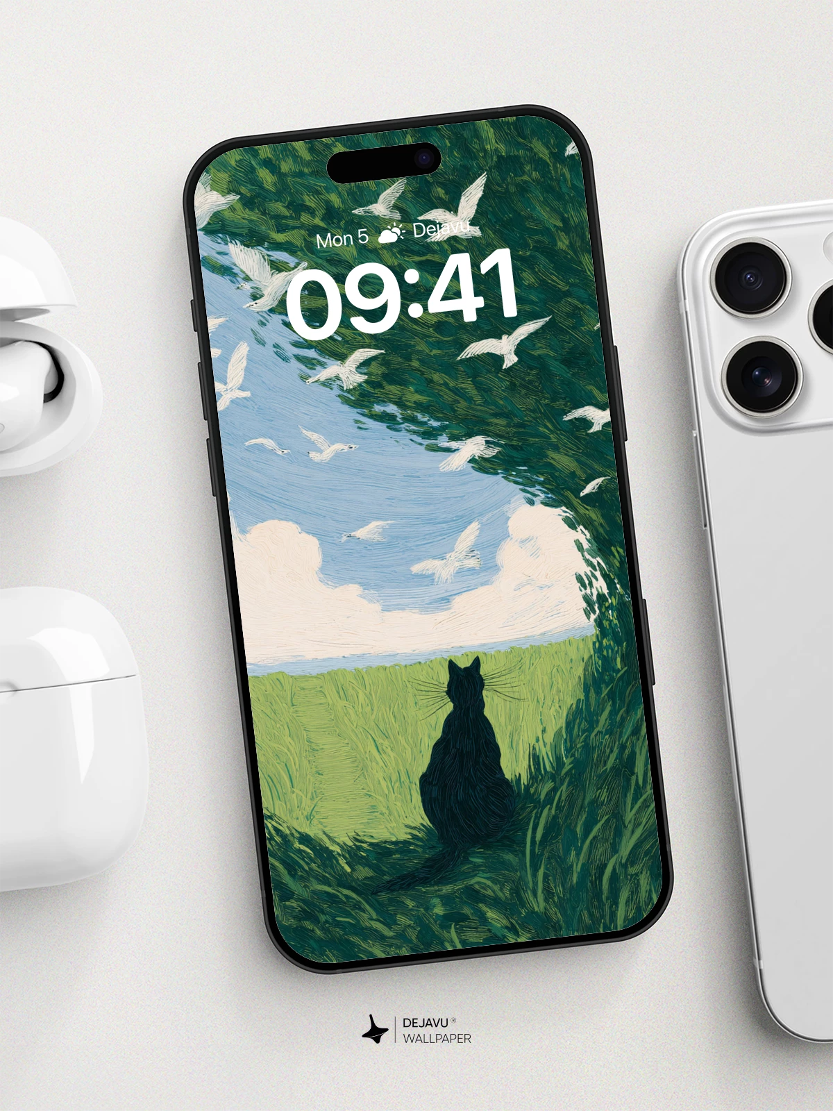 Surreal Cat And Birds Wallpaper 8K For iPhone Android