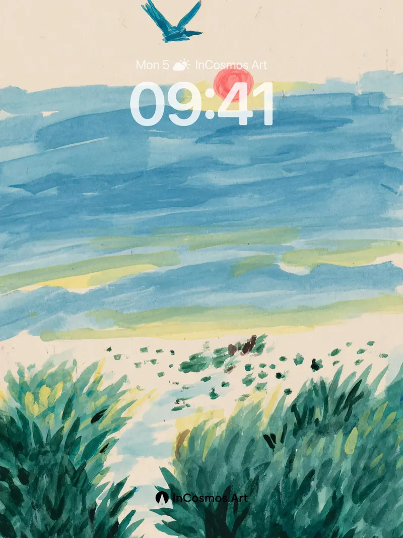 Serenity Seascape Wallpaper with Floating Sun