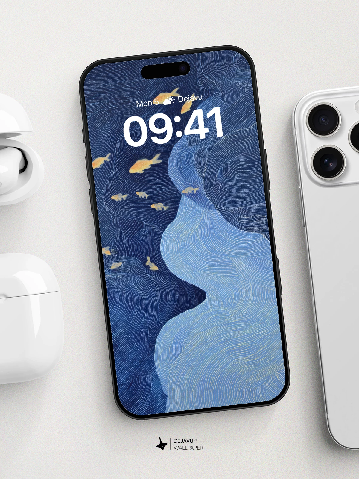 Abstract Ocean Waves With Golden Fish Wallpaper 8K