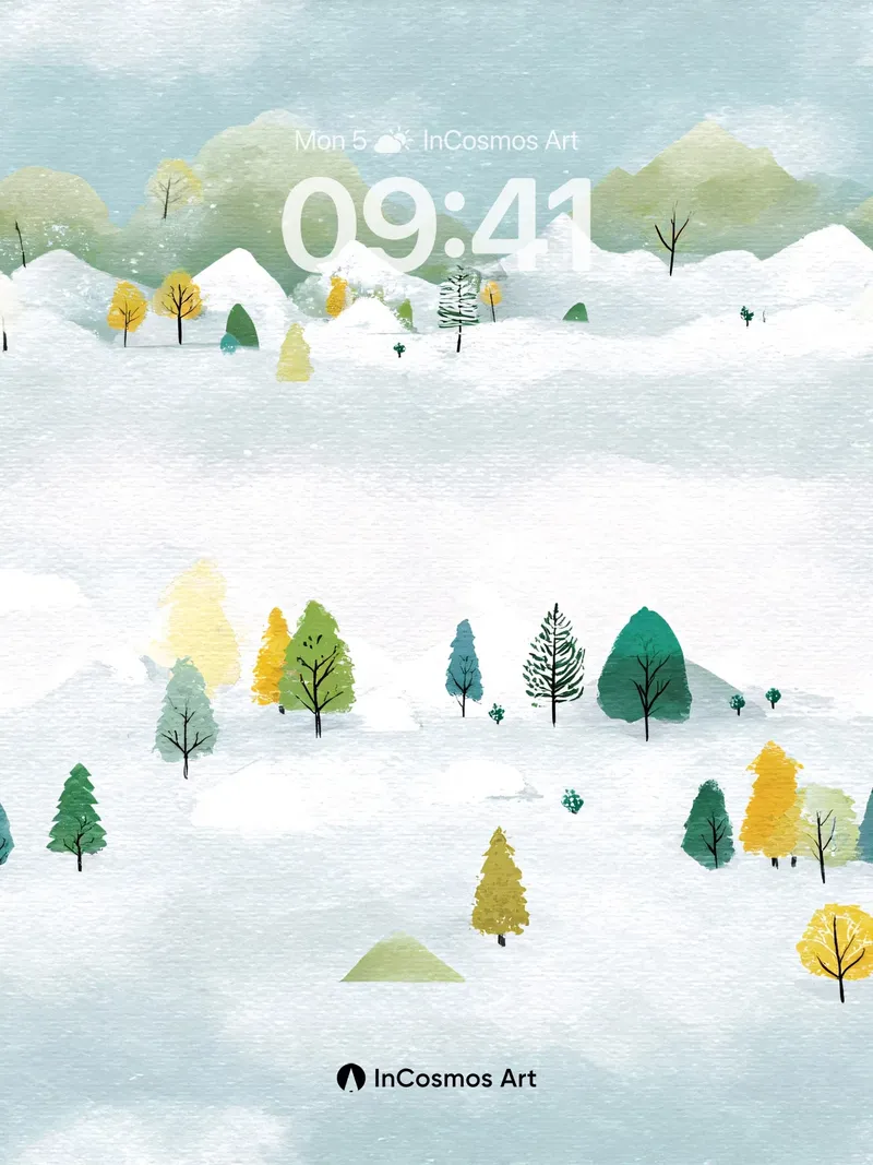 Serene Snowscape Wallpaper with Whimsical Trees