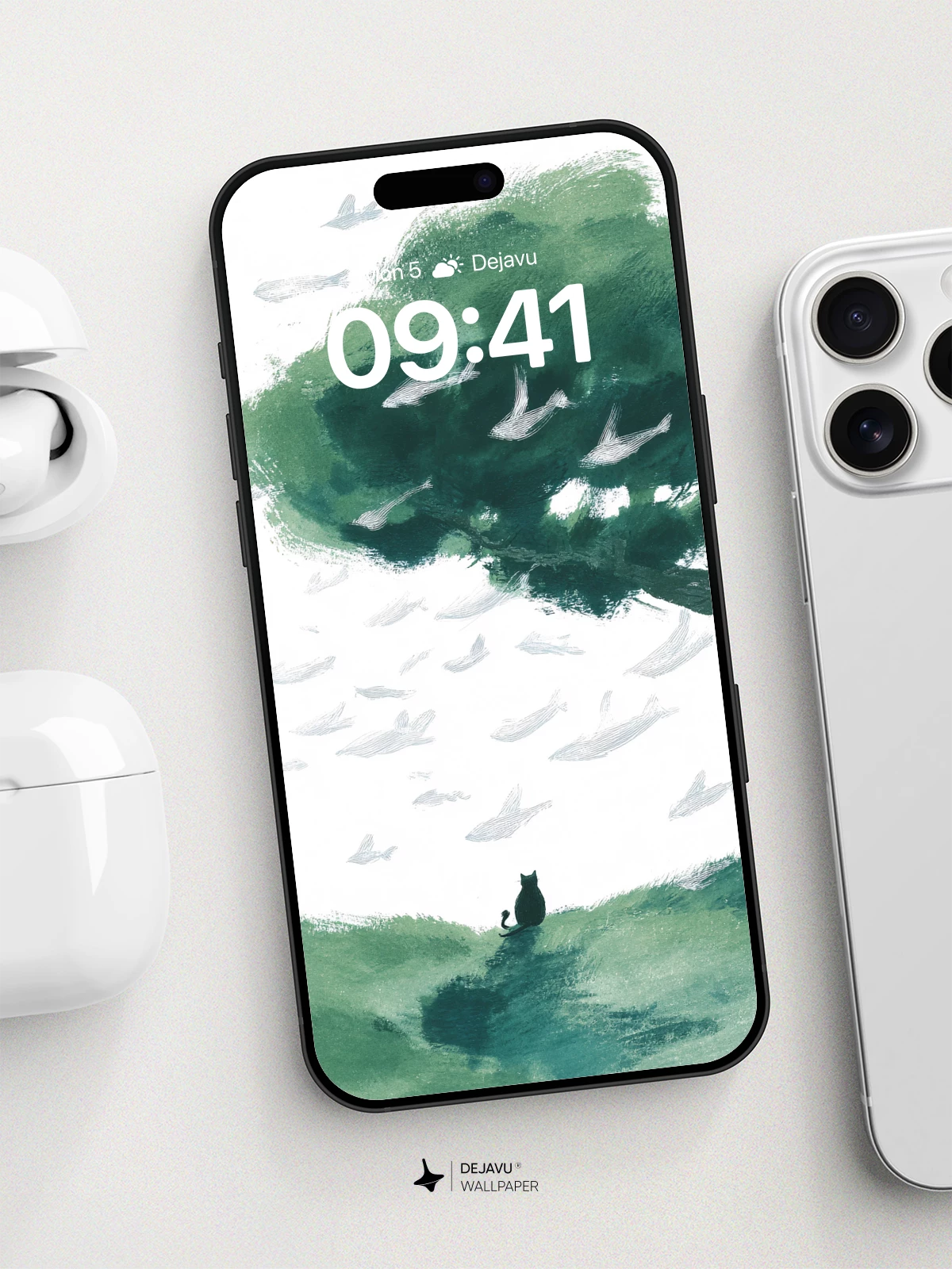 Surreal Cat and Birds Wallpaper 8K for iPhone and Android