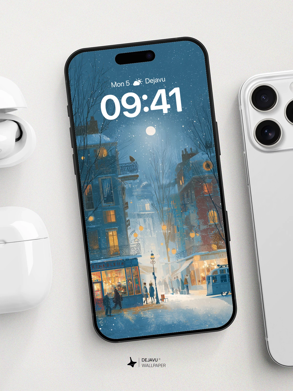 Winter Moonlit Street Wallpaper 8K for iPhone and Android