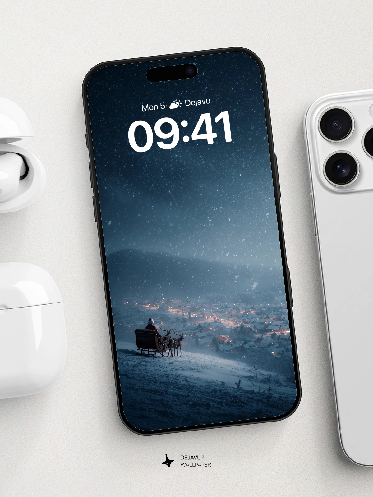 Santa's Reindeer Sleigh Over Snowy Town Wallpaper 8K