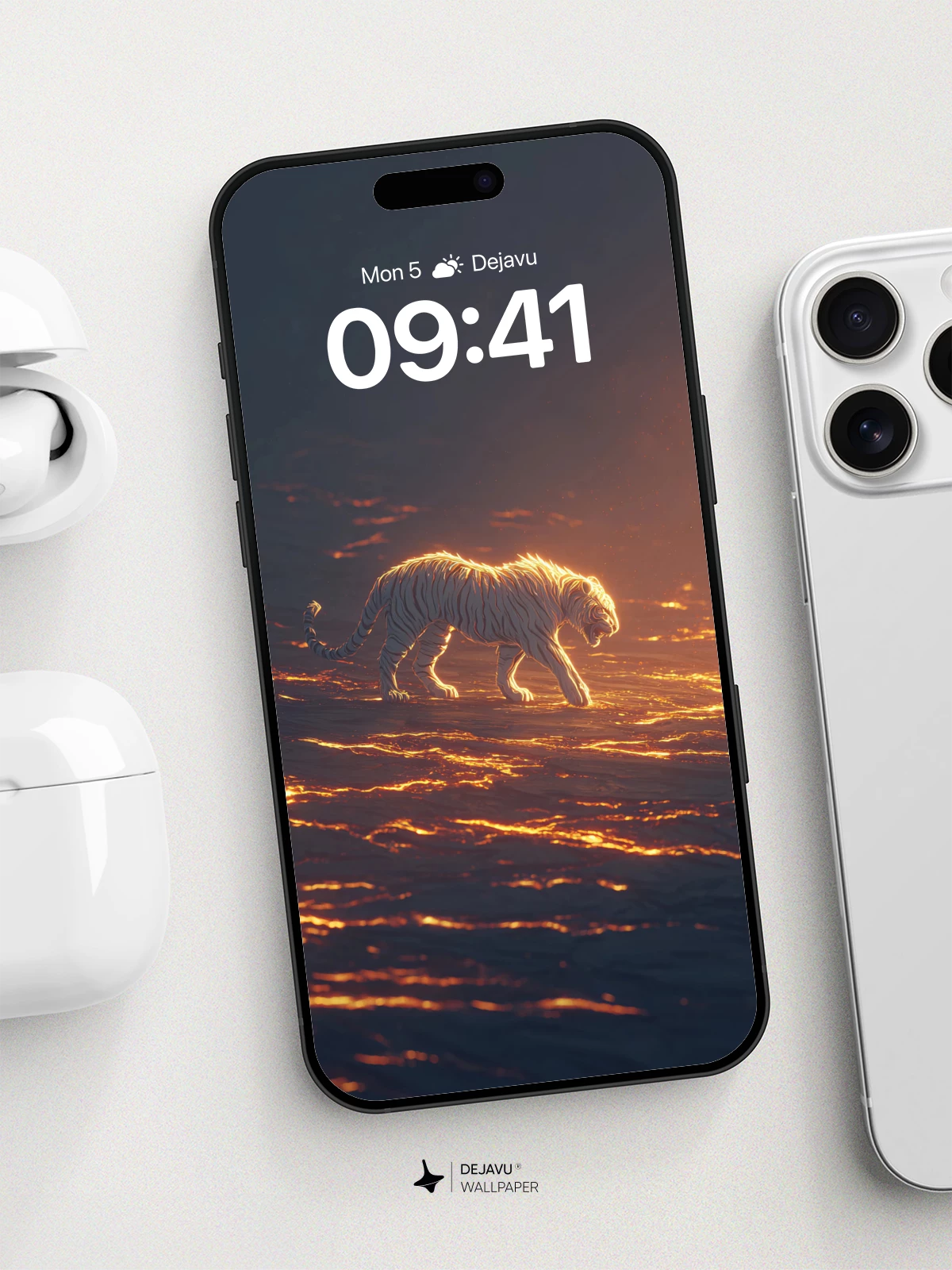 Luminous White Tiger on Molten Terrain Wallpaper 8K