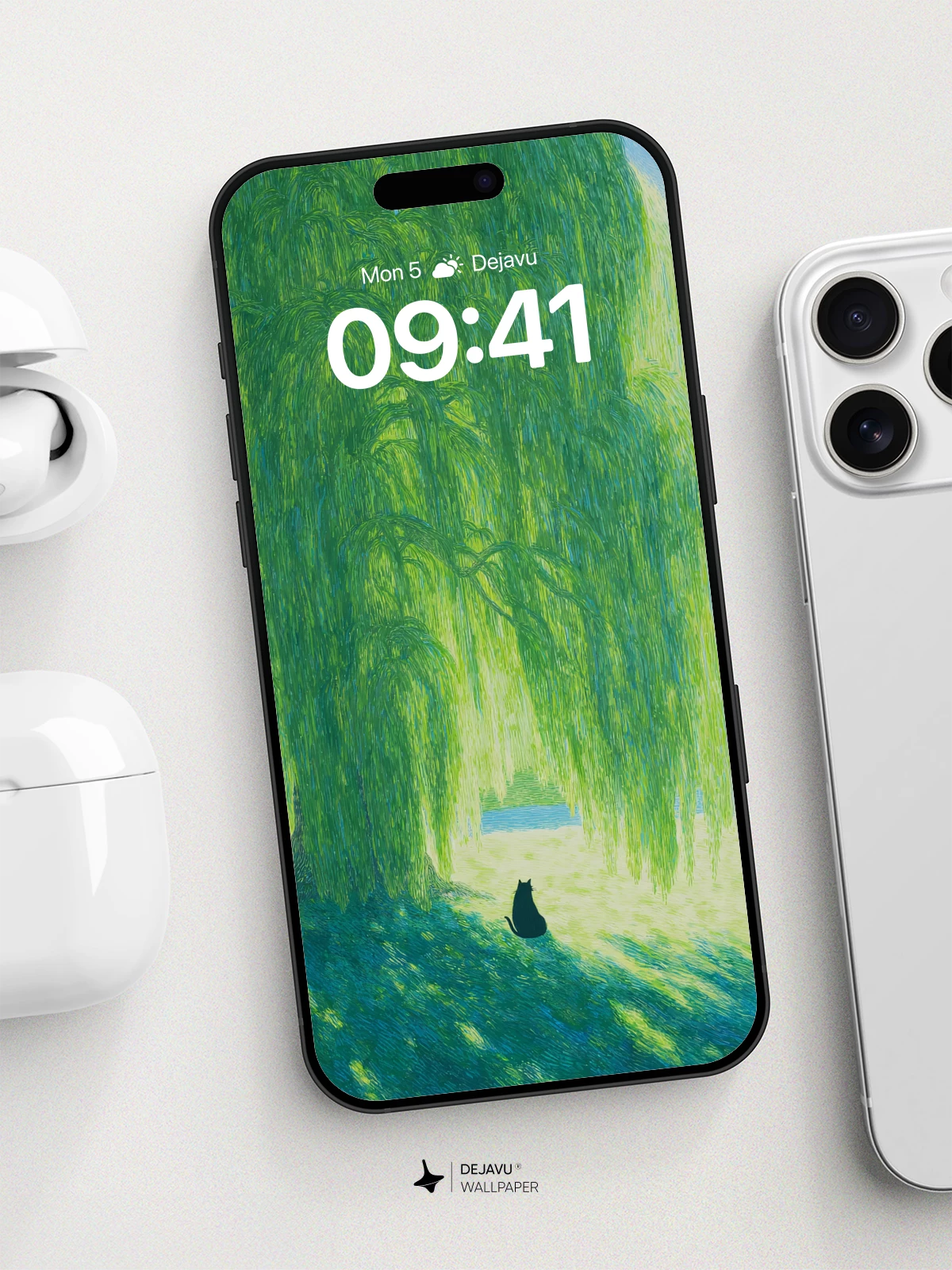 Whispering Willow & Cat Wallpaper 8K for iPhone and Android