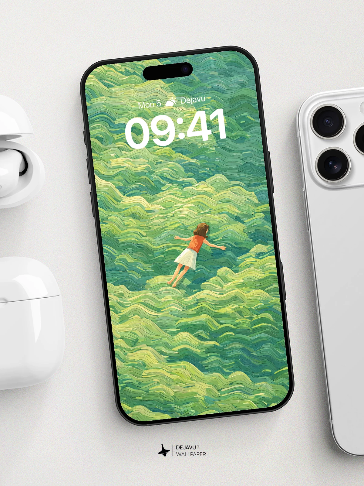 Surreal Green Waves Wallpaper 8K for iPhone and Android