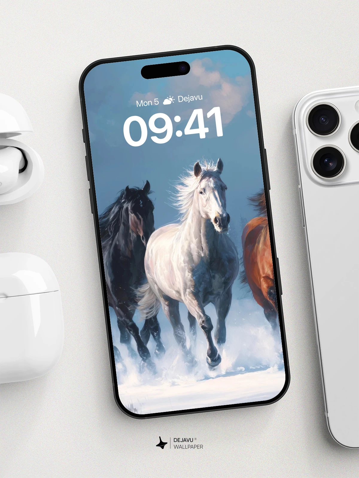Wild Horses Galloping in Snow Wallpaper 8K for iPhone and Android
