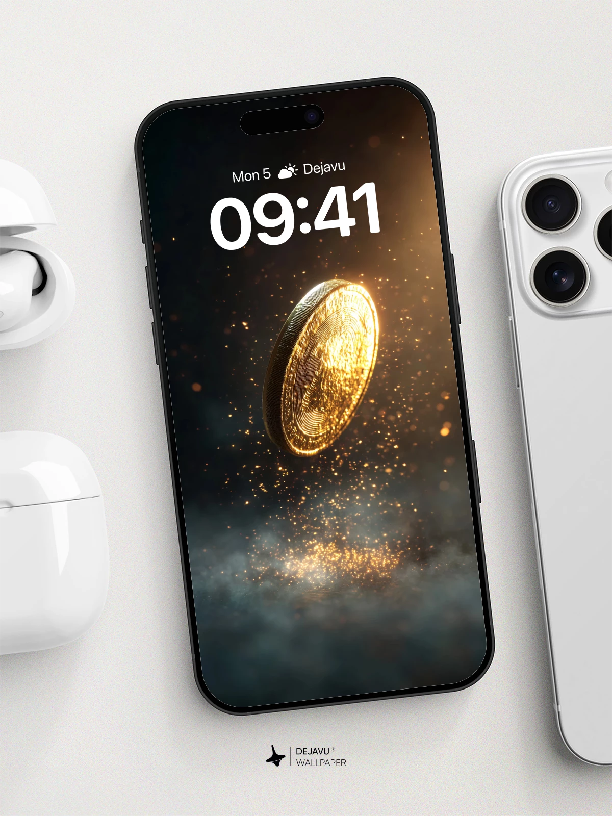 Golden Coin Floating in Cosmic Dust Wallpaper 8K for iPhone and Android