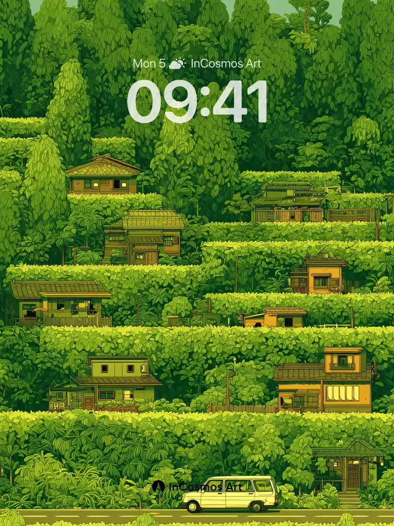 Whispering Green Wallpaper with Hidden Homes