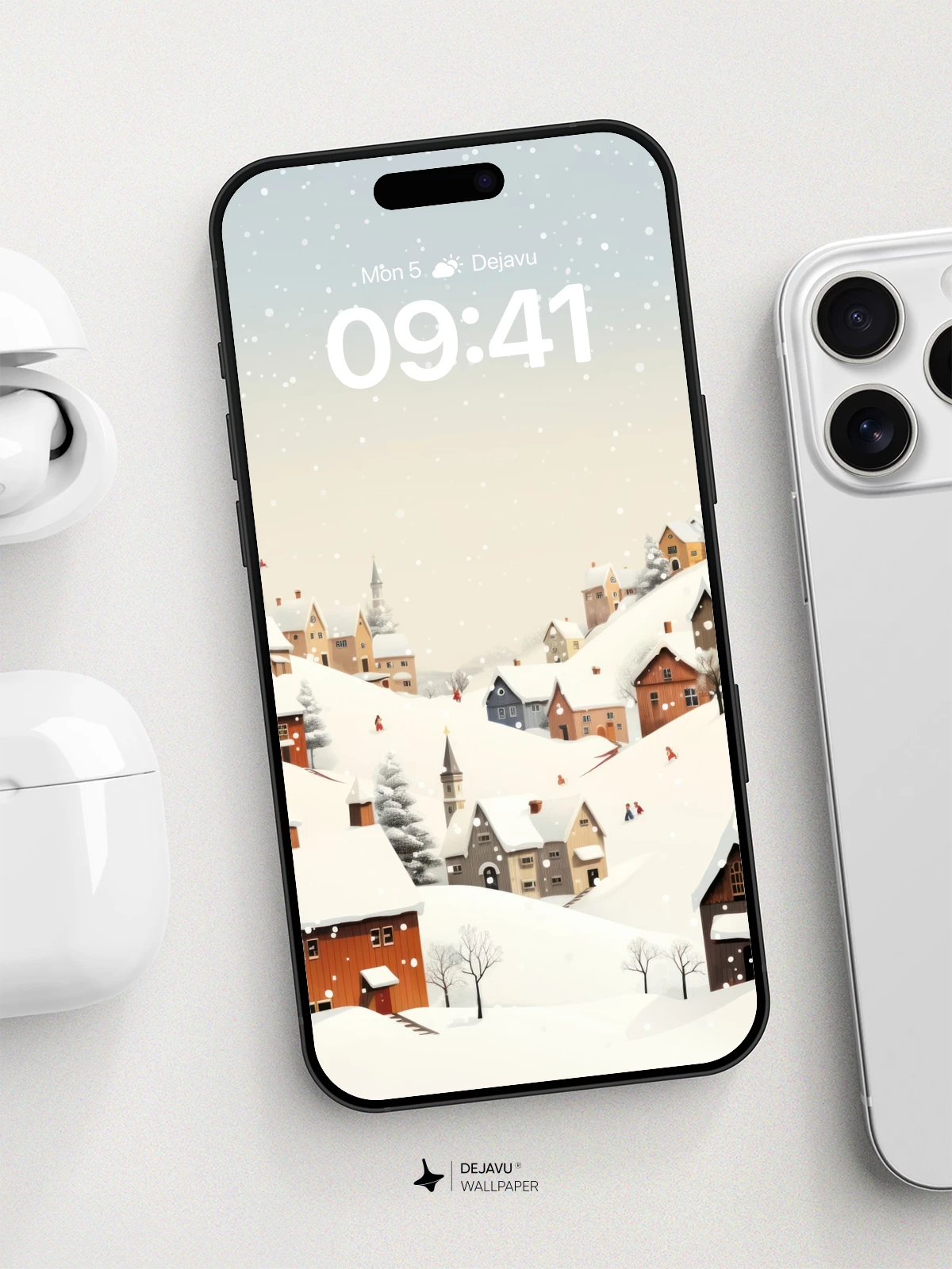 Winter Village Snowfall Wallpaper 8K for iPhone and Android
