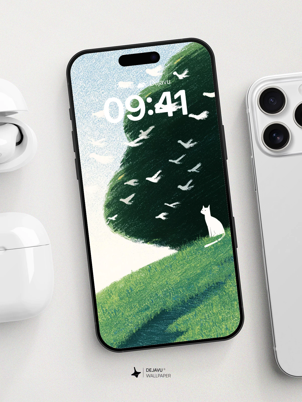White Cat and Birds in Green Forest Wallpaper 8K for iPhone and Android