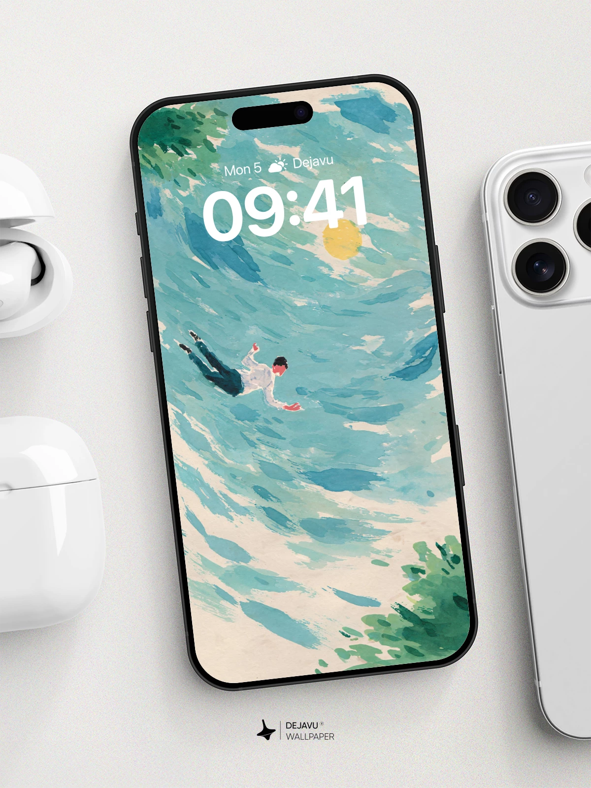 Floating Man in Turquoise Waves Wallpaper 8K