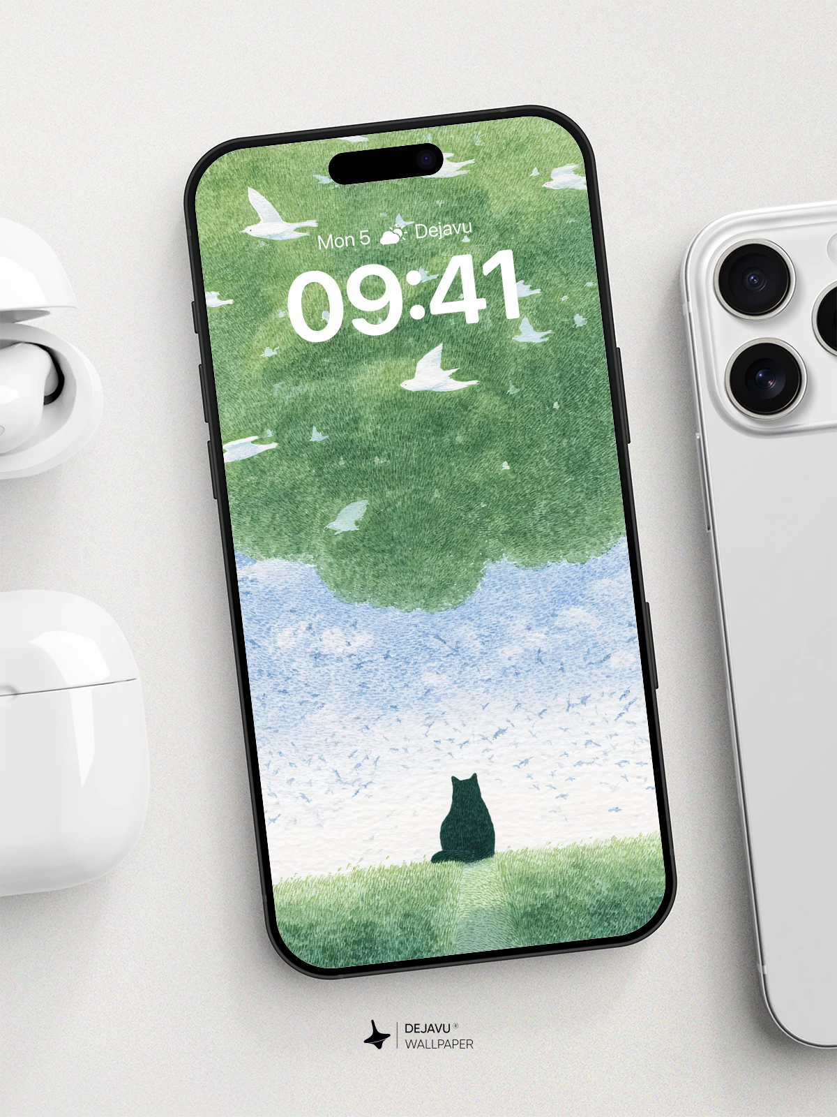 Surreal Sky Tree With Black Cat Wallpaper 8K for iPhone and Android