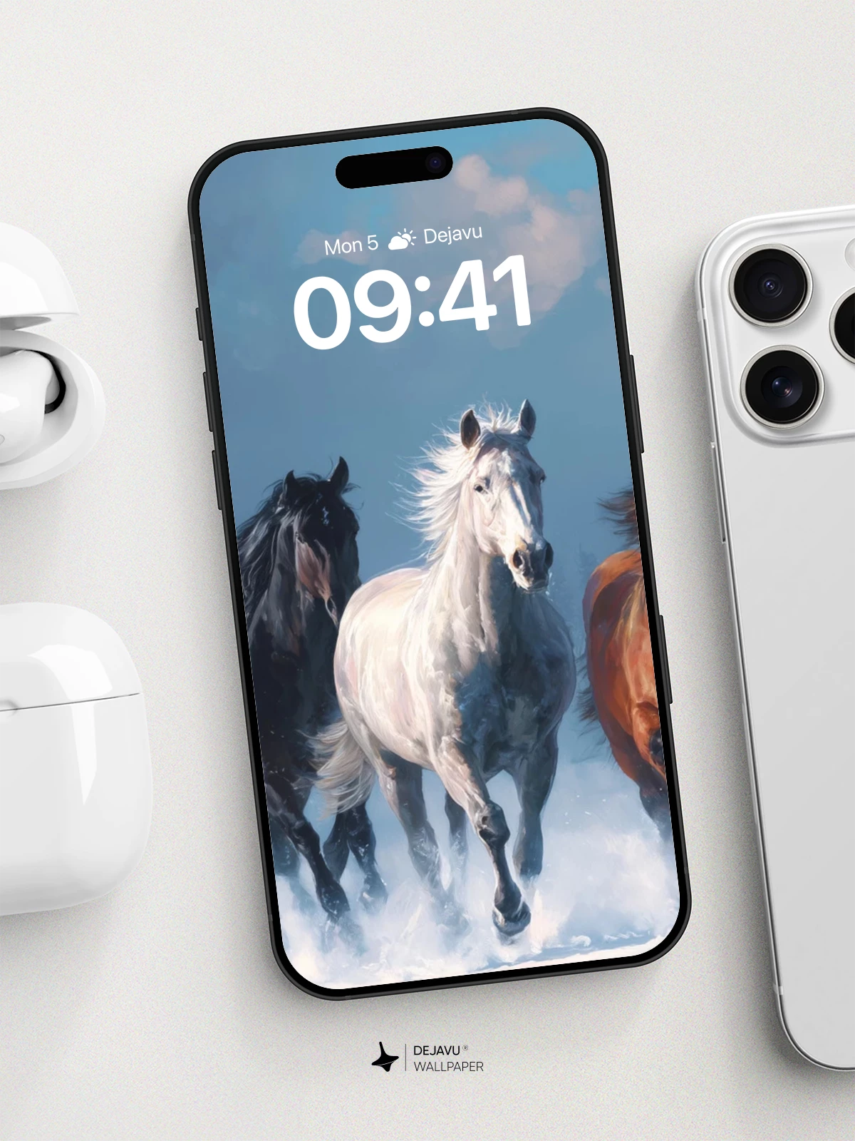 Wild Horses Galloping Through Snow Wallpaper 8K for iPhone and Android