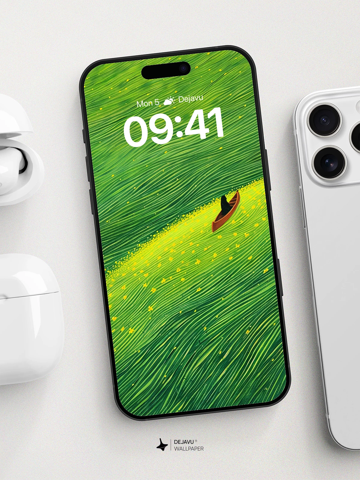 Surreal Green Waves With Canoe Wallpaper 8K for iPhone and Android