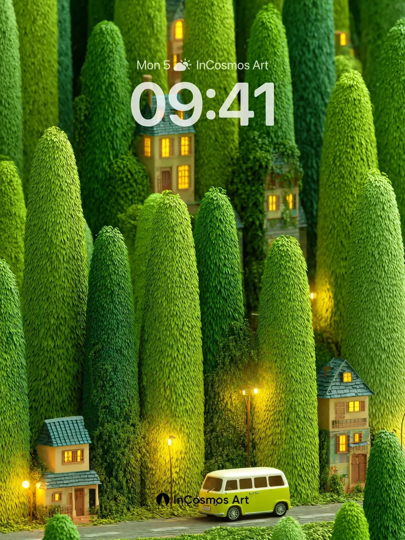 Whispering Green Wallpaper with Lit Windows