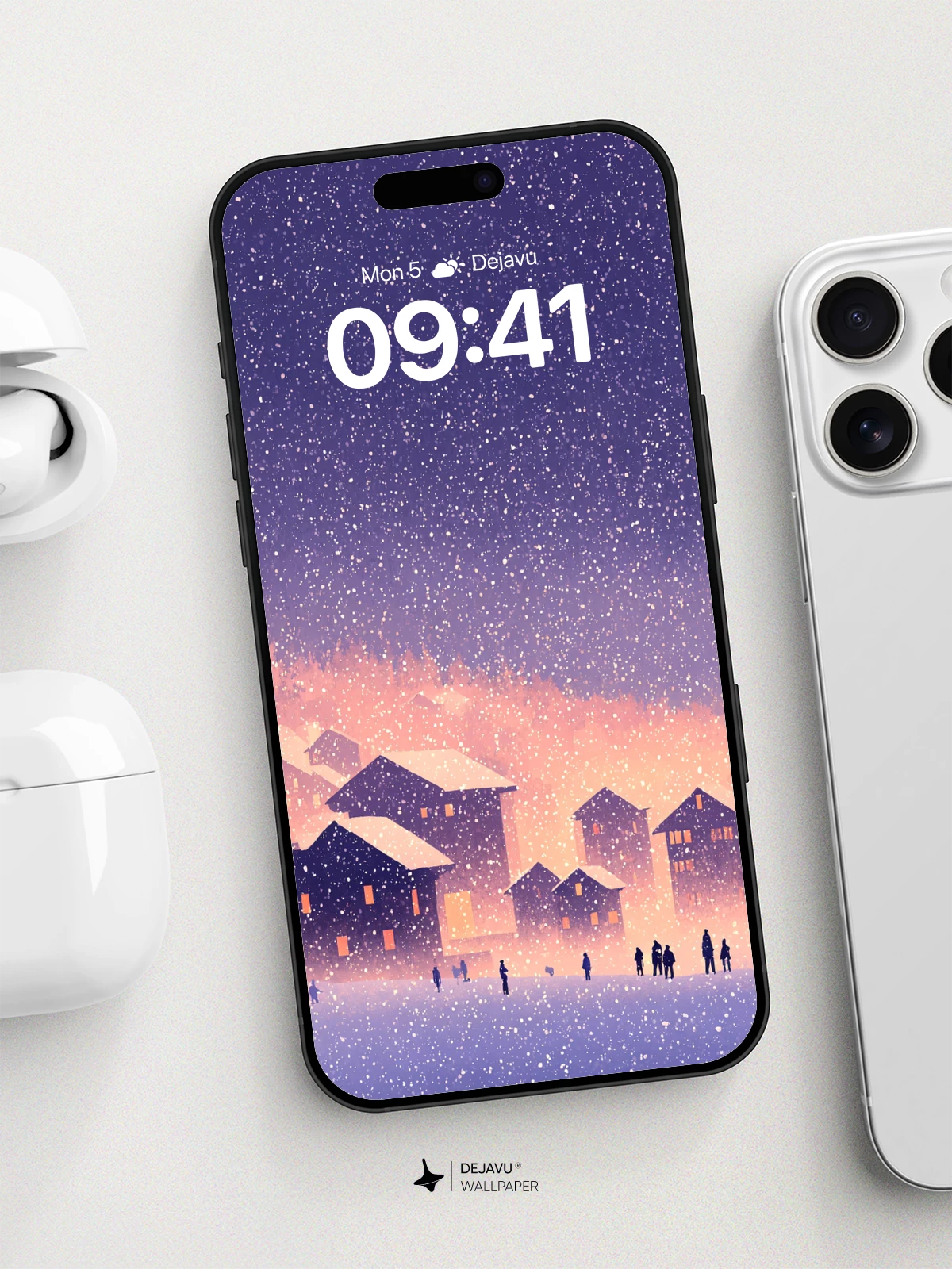 Winter Village Snowfall Wallpaper 8K for iPhone and Android
