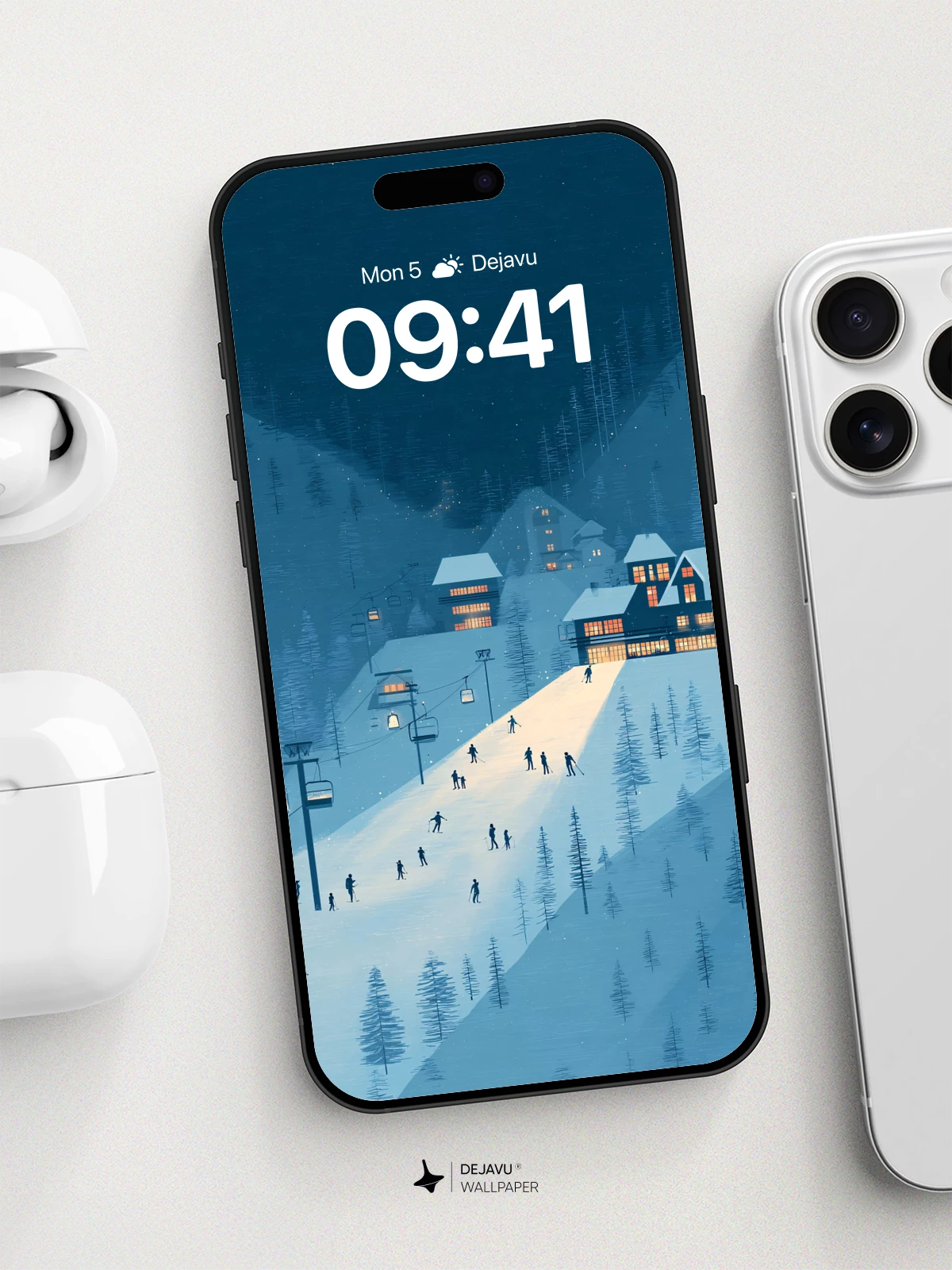 Winter Ski Resort Night Scene Wallpaper 8K for iPhone and Android