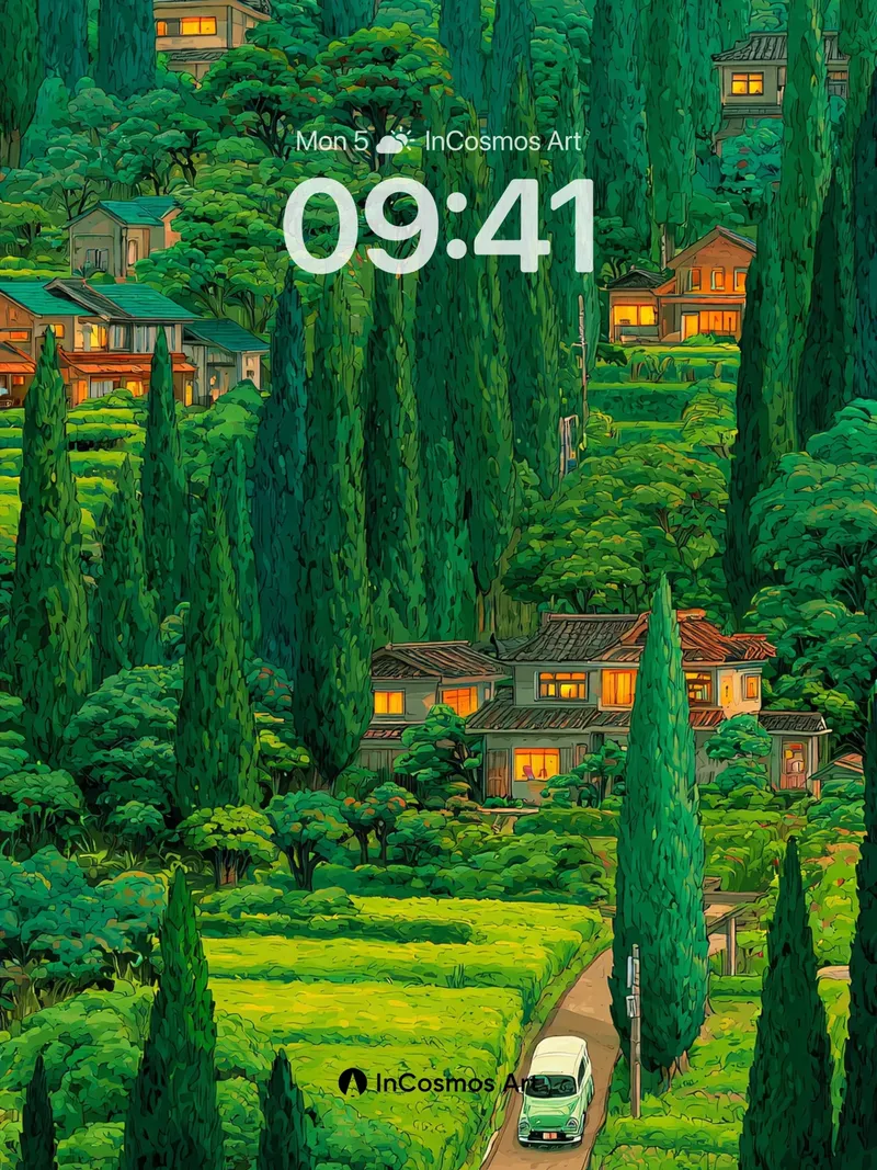 Whispering Pines Wallpaper with Glowing Windows