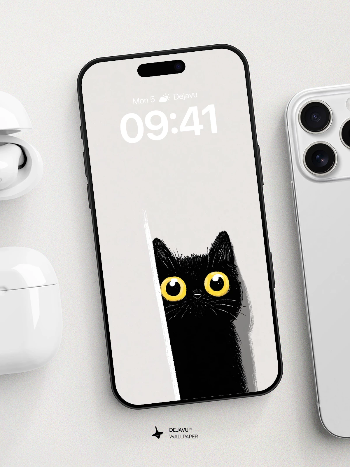 Curious Black Cat Peeking Wallpaper 8K for iPhone and Android