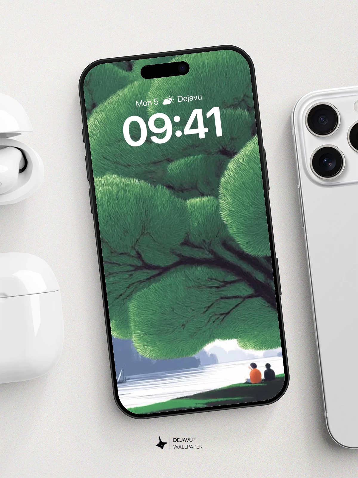 Serene Tree Canopy Lake View Wallpaper 8K for iPhone and Android