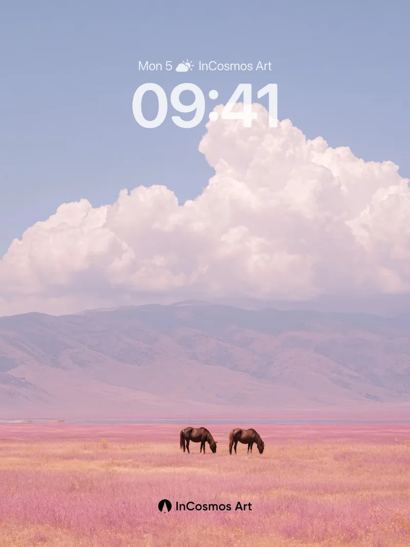Serenity Meadow Wallpaper with Horses in Pink Light