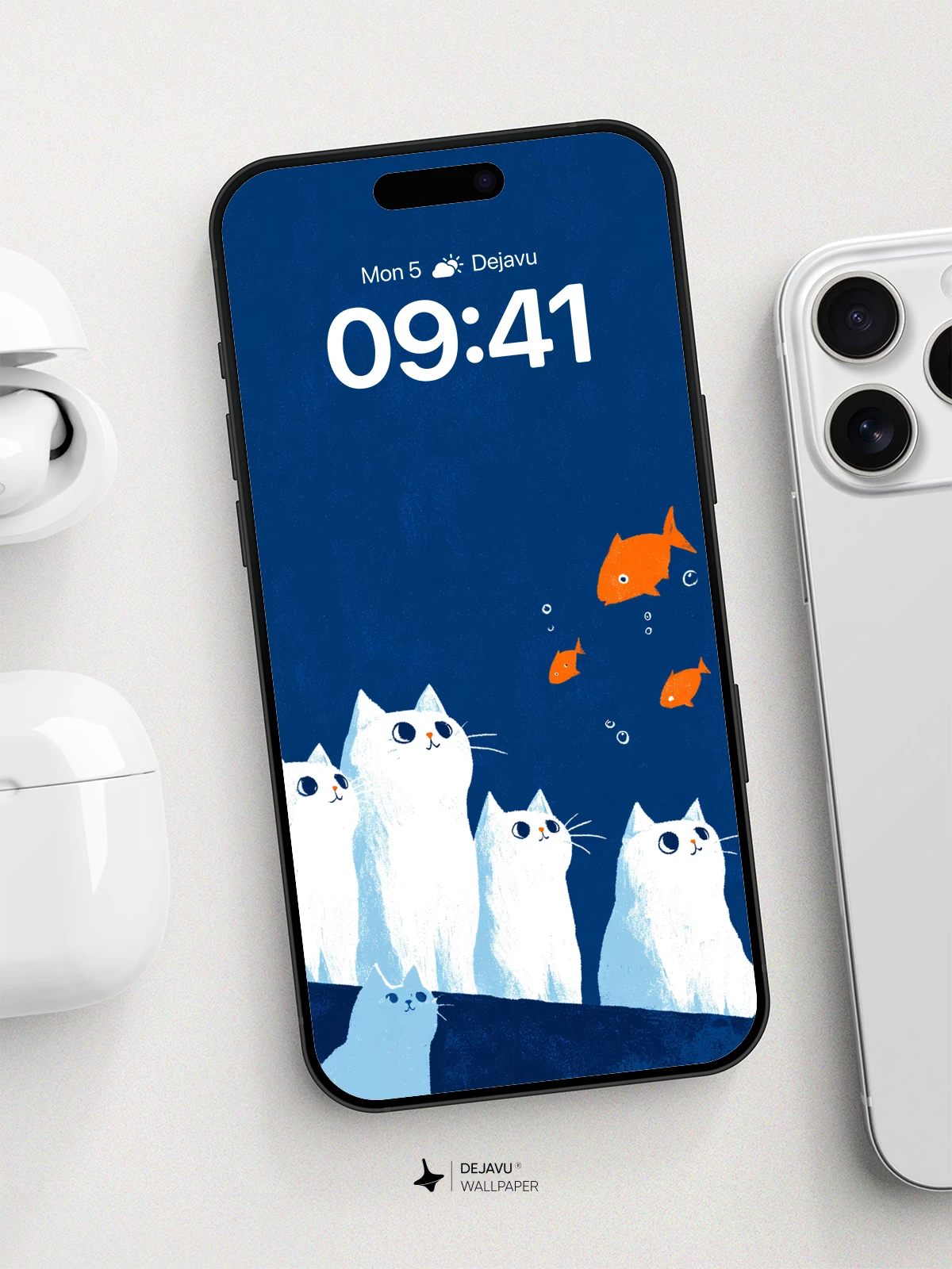 Whimsical Cats and Fish Wallpaper 8K for iPhone and Android
