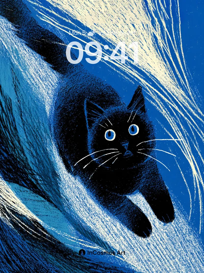 Midnight Wave Wallpaper with Floating Feline
