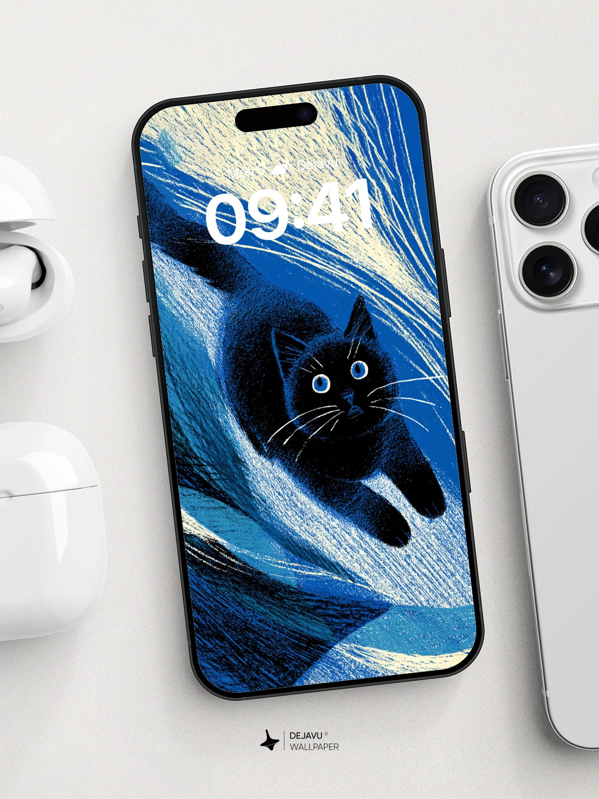 Surreal Black Cat Wave Wallpaper 8K for iPhone and Android