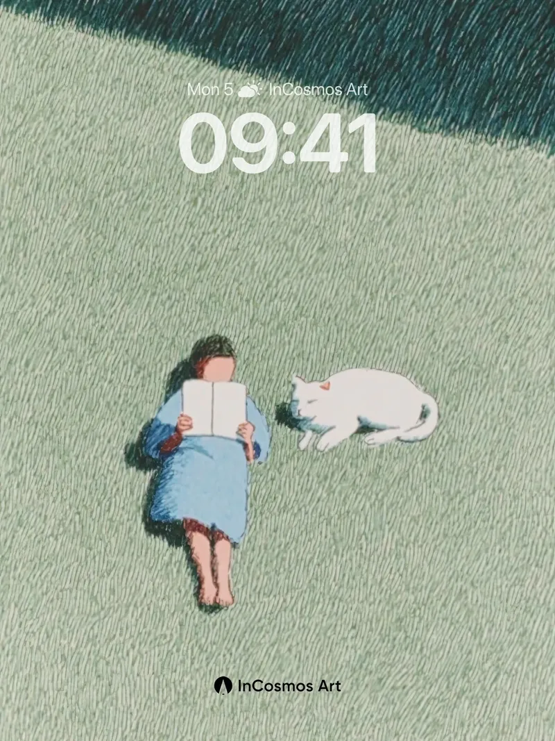 Serene Grass Canvas Wallpaper with Reading Figure