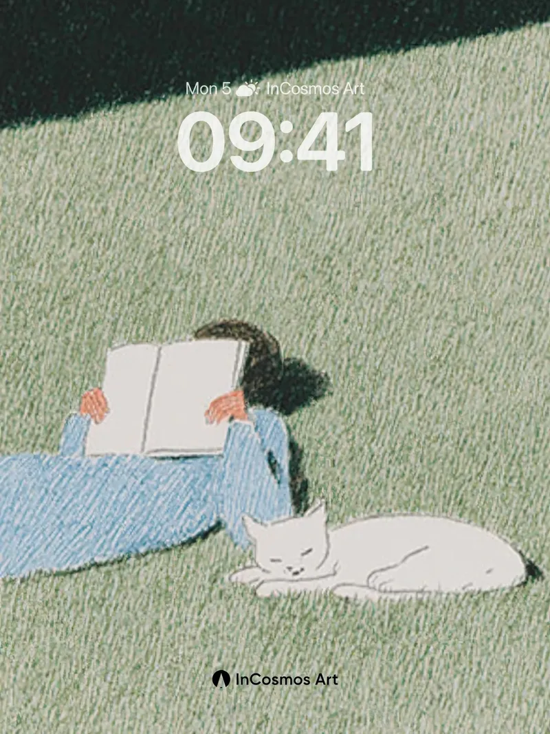 Serenity Reading Wallpaper with Feline Companion